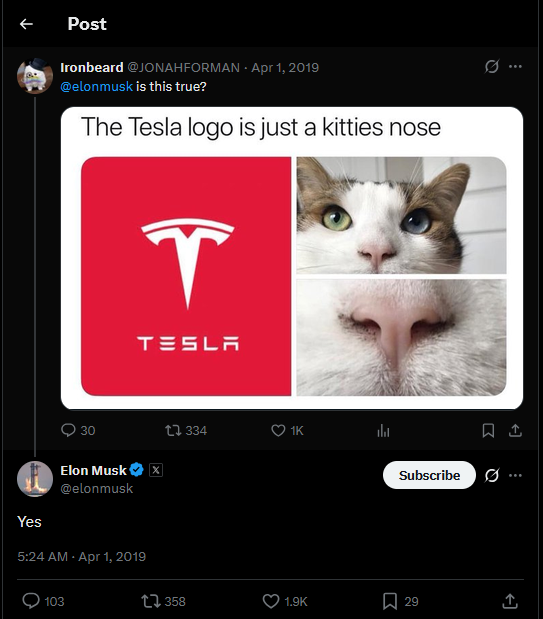 Screenshot of the April 1, 2019 X exchange where Jonah Forman shared the cat-nose meme and Elon Musk replied Yes